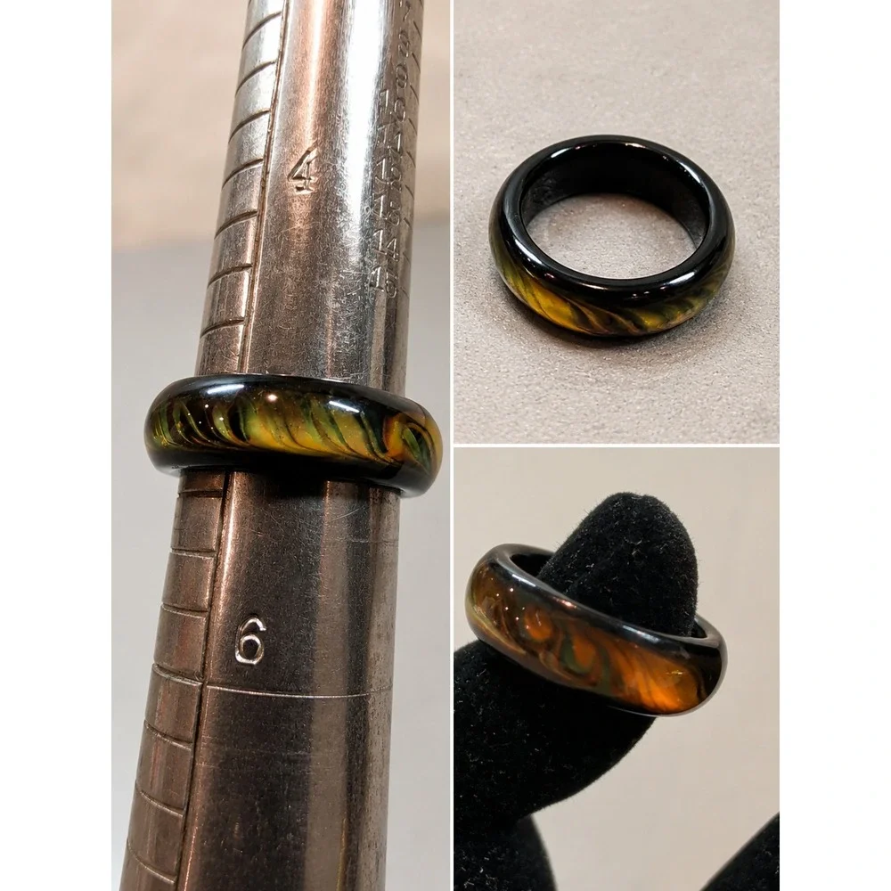 Art Glass Swirl Ring Black Green Amber Orange Chunky Band Size 5.5